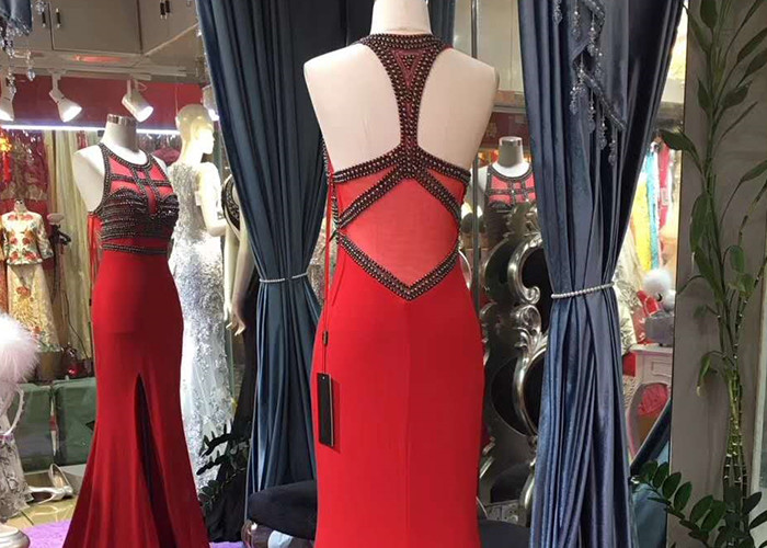 Red Mermaid Style Dress Slit Sleeveless Top Heavy Beading Back Hollow Fishtail