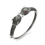 925 Sterling Silver Pave Marcasite Leopard Bangle Bracelet Vintage Jewelry for