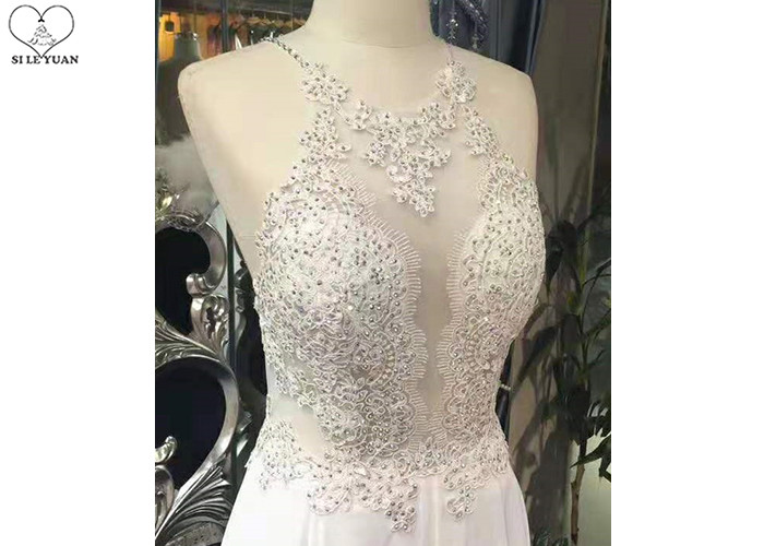 Backless A Line Ball Gown White Black Color Hanging Neck Chiffon Lace Beading