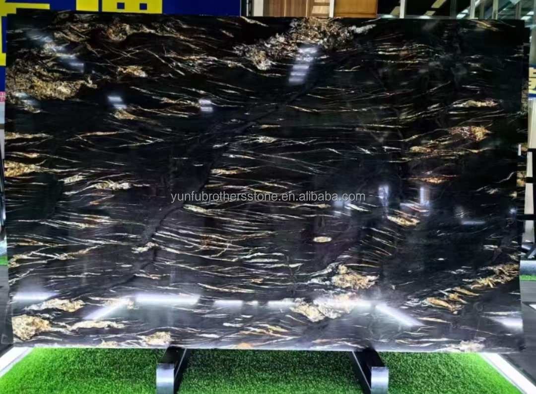 Modern Natural Phoenix Feather Black Gold Marble Stone Stair Steps Tile Big Slab