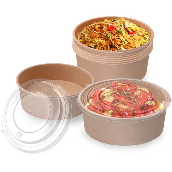Custom Round 1300ml 1500ml Food Packaging Kraft Salad Paper Bowl With Lid