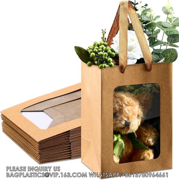 Kraft Paper Bags With Handles Transparent Flower Bouquet Bags For Present Bridal