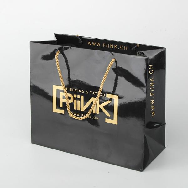 Shiny Paper Shopping Bag Promotional Black Customize Paper Bags With Gold Foil