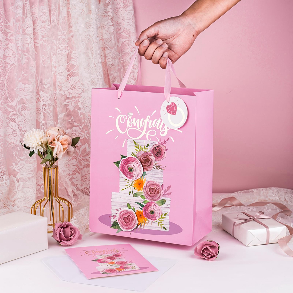 Custom Pattern Type Folding Pink Wedding Gift Packaging Tote Paper Bag for Wedding Cake