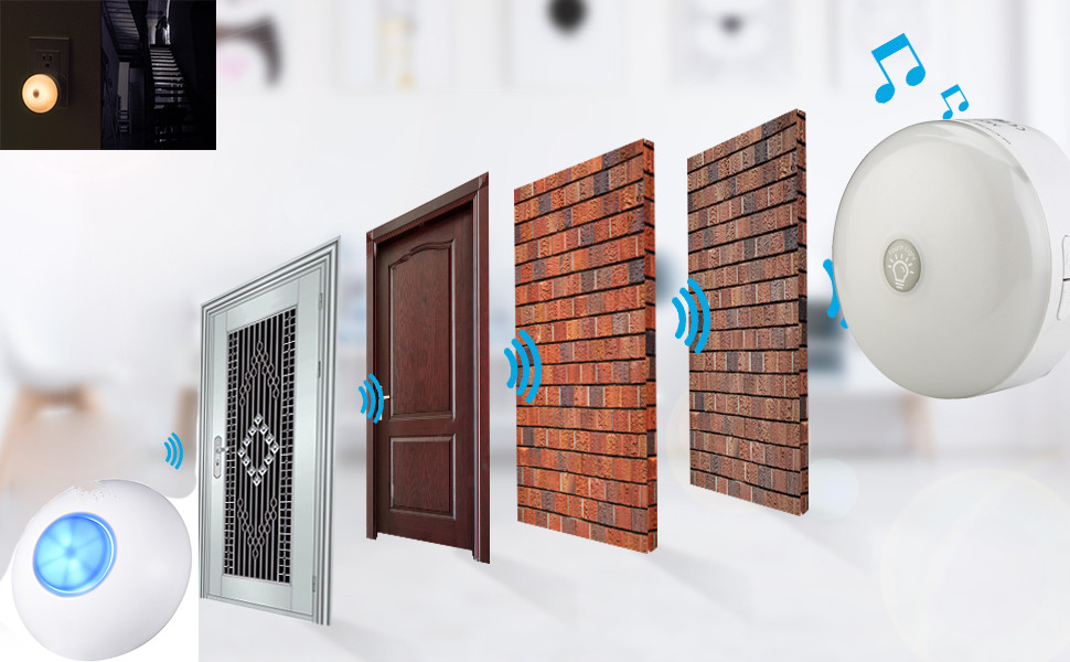 Plug-in Receiver Chimer and Waterproof Transmitter,4 Volume Adjustment Wireless DoorBell Smart Touch LED Night Light