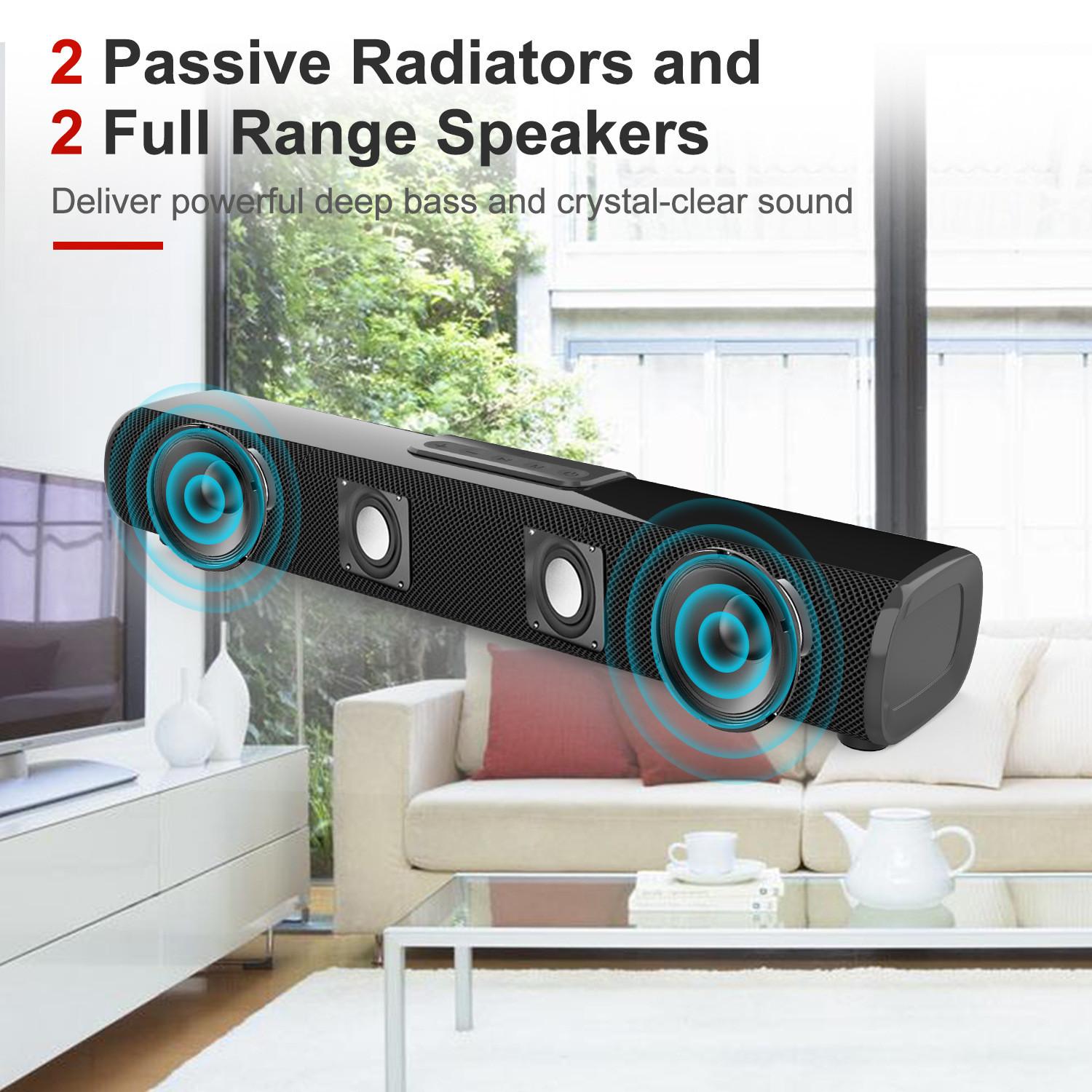 Distortion Free DTS Home Theater Soundbar 2.4GHz Battery Powered