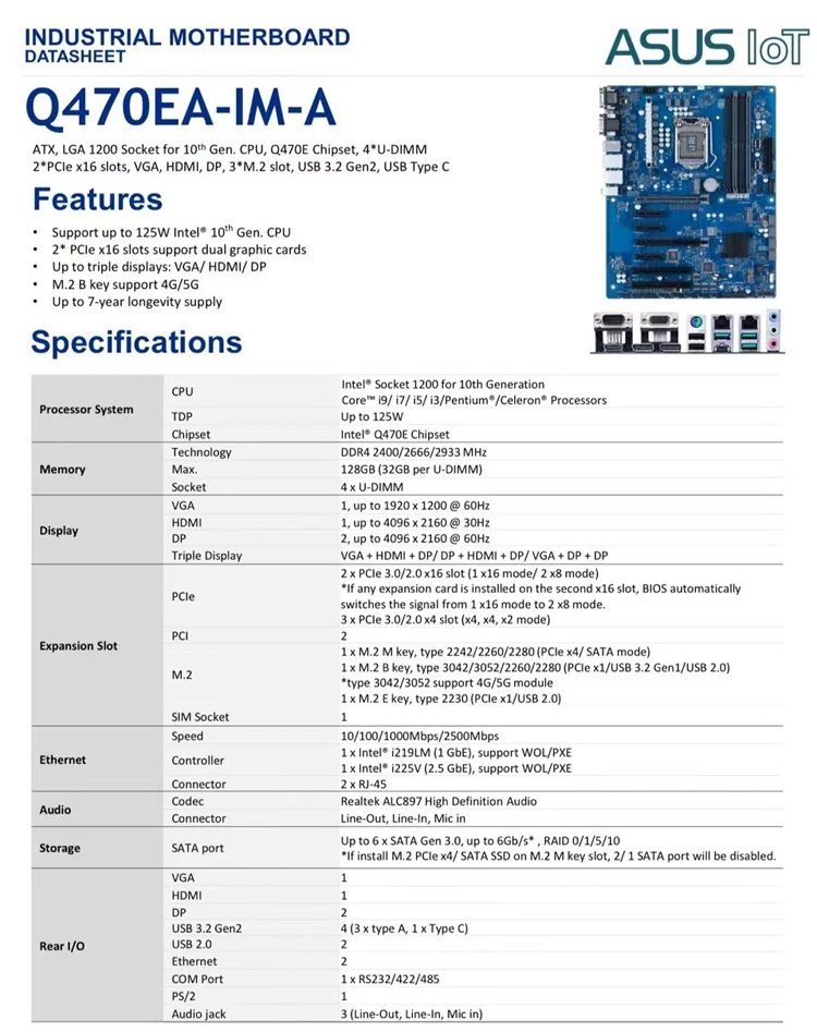 LGA1200 Socket Industrial Motherboard For 10th Processors 5G For ASUS Q470EA-IM-A