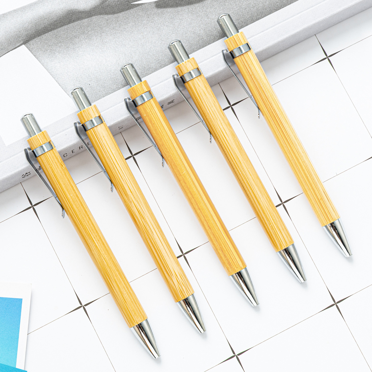 1.0mm Writing Width Eco-friendly Bamboo Ballpoint Pen with Metal Clip and Black Ink Color