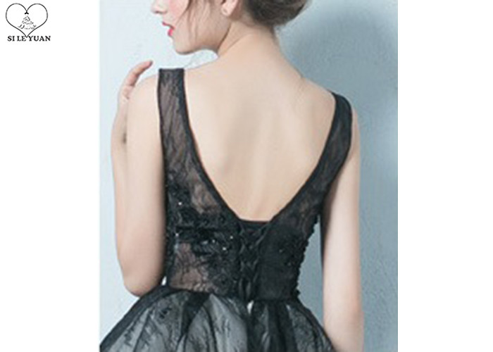 Black Sleeveless Short Length Prom Dresses Bandage Perspective Lace Flowers