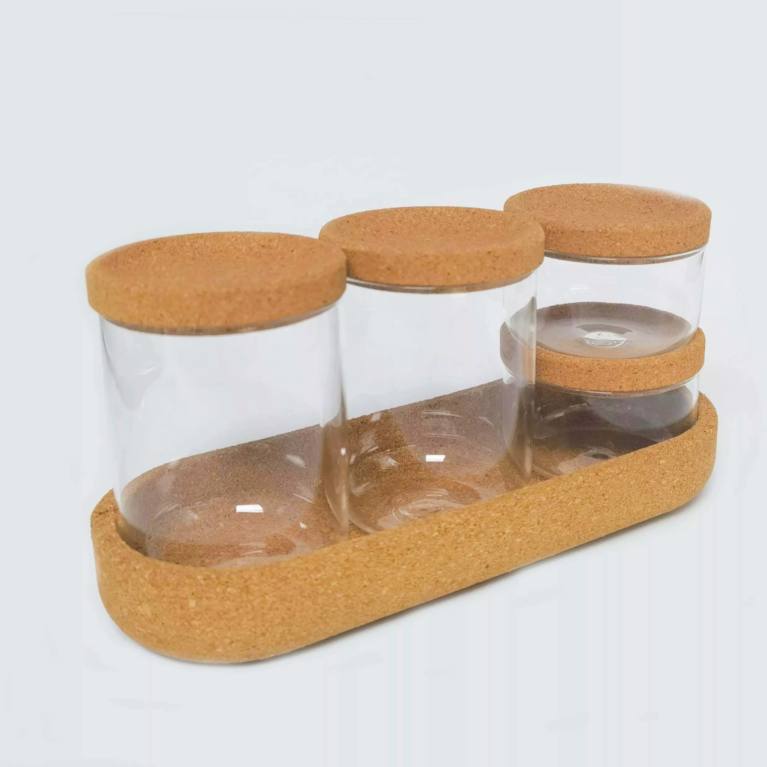 Set Of 5 Storage Glass Jars With Cork Lids And Cork Tray Eco-Friendly