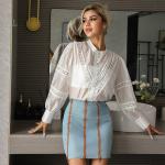 Lantern Sleeved High Neck Flared Blouse Chic Black High Waisted Lace Tops With
