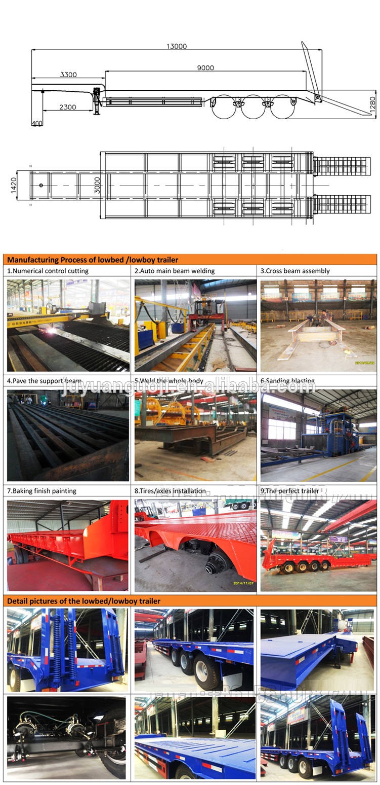 Max Payload 120 Tons Tri-axles Heavy Duty Lowbed Semi Trailer with Ramp and Side Walls