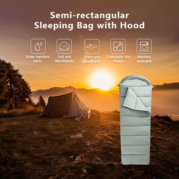 3 Season Single Semi Rectangular Camping Sleeping Bags Packable Gray Camping Bag With Hood
