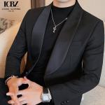 end Business Formal Dress Suit Blazer Jacket in Black Leather Fabric for Men's