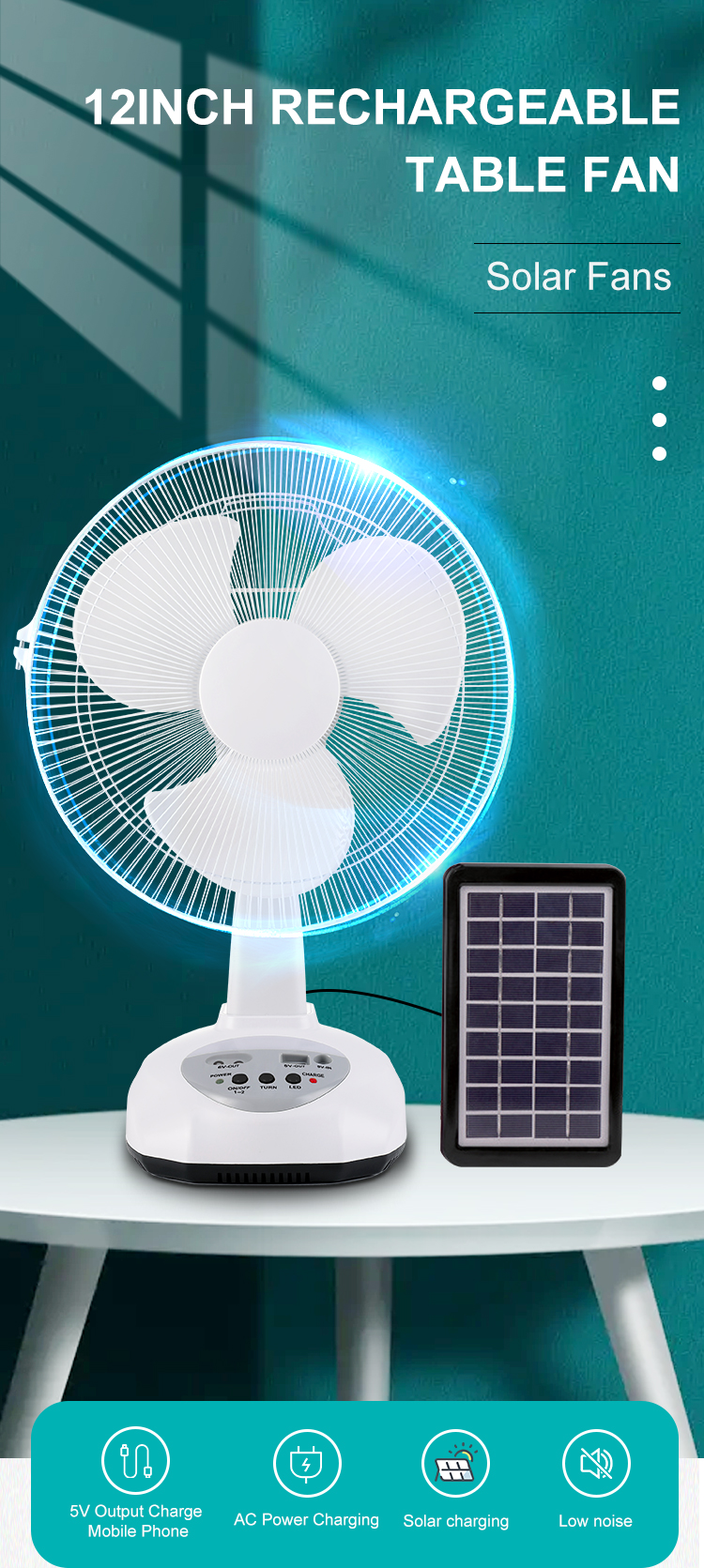 Hot Solar Desk Fan AC/DC 12-Inch Rechargeable Floor Fan Solar Power Panel Mobile Charging Lighting Desk Fan