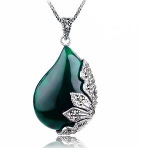 Quality Vintage Jewelry 925 Silver Green Agate Marcasite Drop Pendant Necklace 18 Inches (JA1674GREEN) wholesale