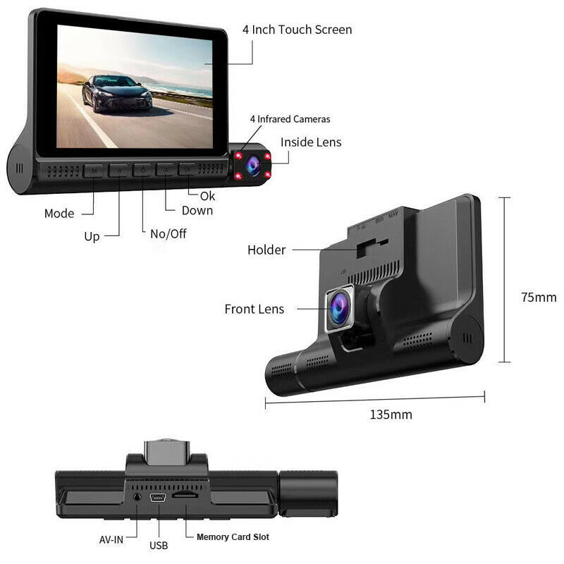 AVI Mini 3 Lens Car DVR Dash Cam Recorder HD 4 Inch GC2053 Sensor