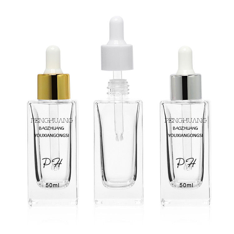 Wholesale Cosmetic Packaging Skin Care 50ml Glass Dropper square Bottles Glass Serum Bottle