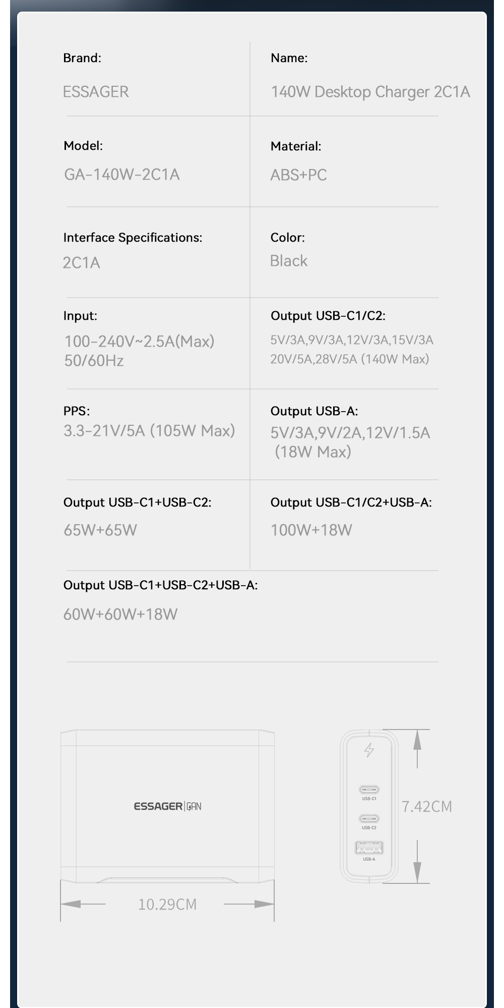 Dual USB Ports Travel Type C Desktop GaN Chargers 140w Quick Charging Phone Accessories