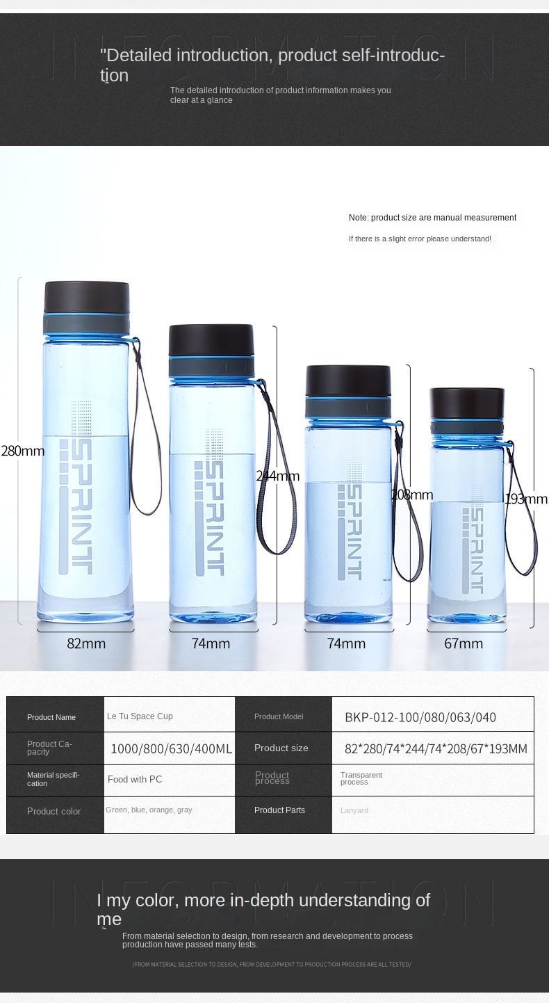Customized Logo Lightweight Plastic Travel Water Bottle Outdoor Sports Water Bottle 500ml/650ml/750ml/1000ml/1200ml With Rope Multifunctional