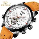 Black Case Tourbillon Mechanical Watch Brown Genuine Leather Auto Date