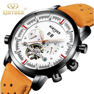 Quality KINYUED J019-3 Private Label Gold Case Genuine Leather Auto Date Skeleton Tourbillon Automatic Mechanical Wristwatches wholesale