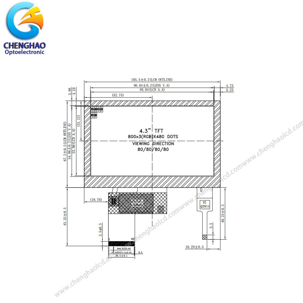 Free Viewing Angle LCD Touch Screen Monitor 4.3 Inch FPC 40 Pin 800*480