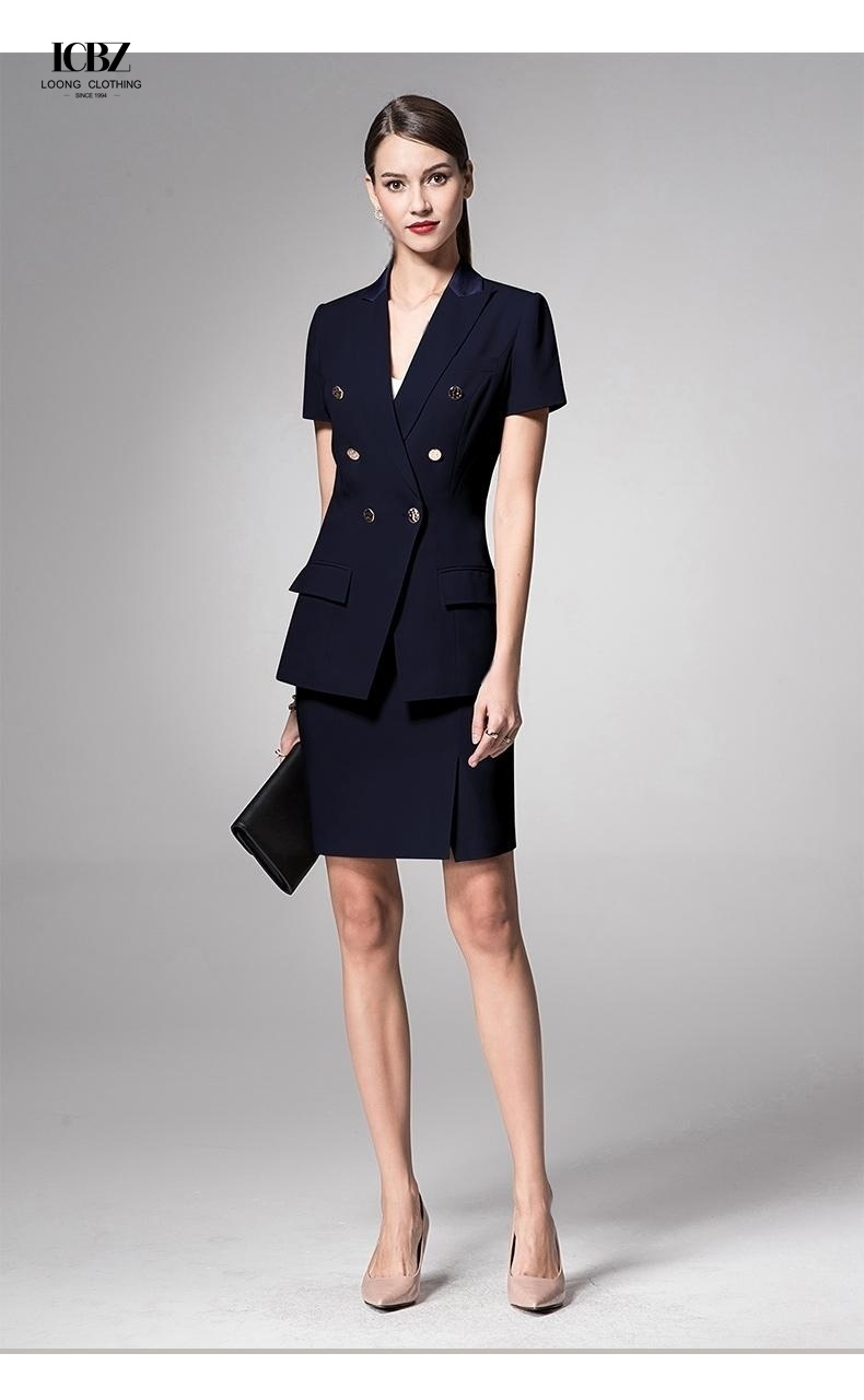 Dark Navy Slim Fit Blazer for Ladies Office Short Sleeve Women's Suits Collar V-neck