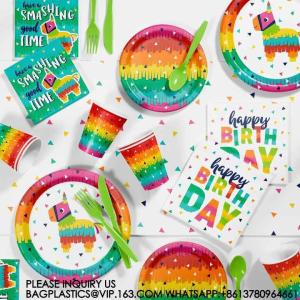 Quality Happy Birthday Party Decoration Set Tie-Dye Disposable Banner Paper Plates Tableware Set wholesale