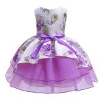 Hot Sale Toon Purple Girl Dress Bow Belt Printed Mesh Gown Princess Dress Tutu