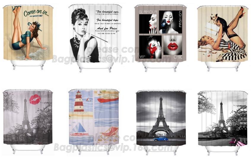 SCENERY PRINTING POLYESTER SHOWER CURTAIN, custom 3d eva shower curtain for bathroom, Popular cotton hooks polyester tex