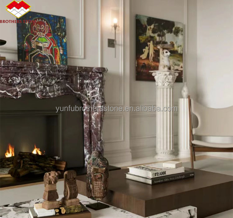 Indoor Stone Mantle for Modern Violet Marble Fireplace Surround in Luxury Living Room