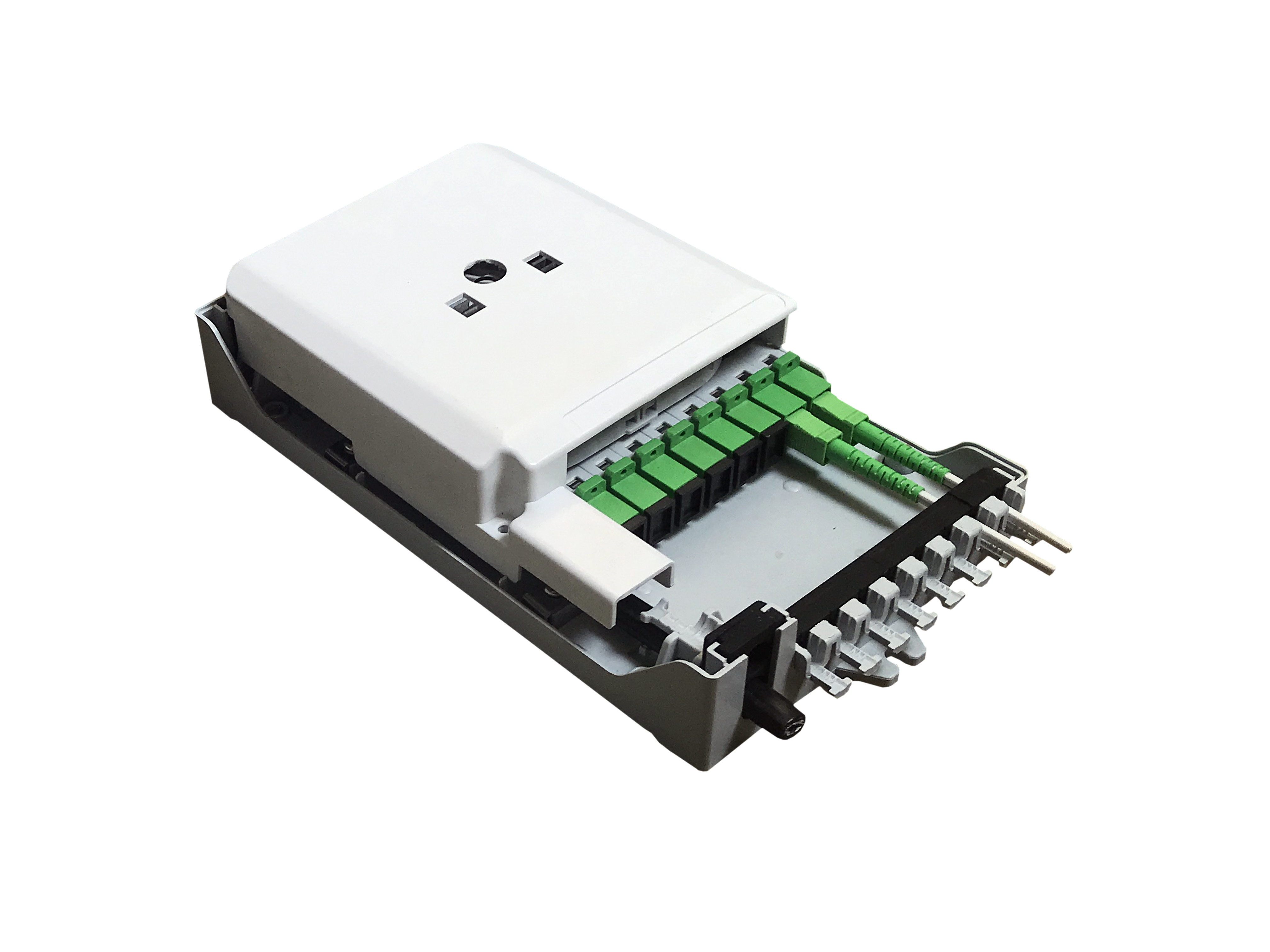 GFS-8ZT-2,fiber distribution box,splitter box,Max Capacity 8 cores,,size 235*126*52mm, Material: PC+ABS,IP 65