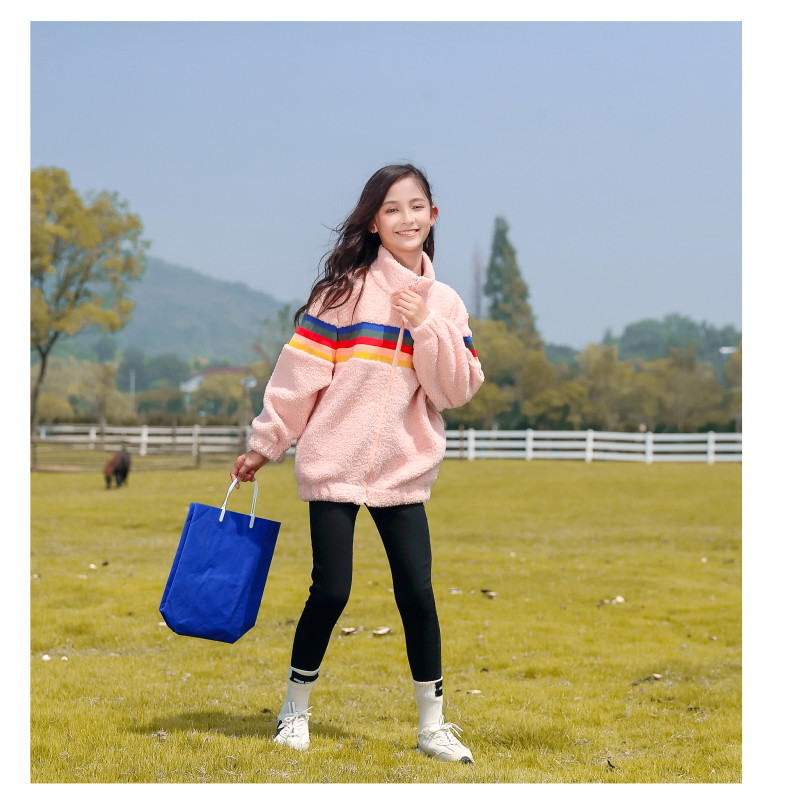 Girls Lamb Wool Coat Thickened Stitching Color Striped