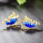 Women Fashion Blue Enamel Sterling Silver Stud Earrings with 18K Gold Plated