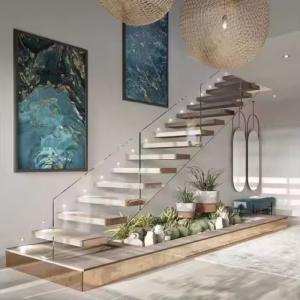 Quality Wall Mounted Hidden Beam Red Oak Wooden Staircase Villa Open Riser Floating Stair With Lights wholesale