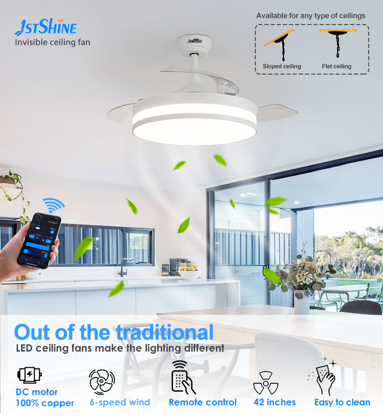 Standard Wind LED Ceiling Fan with Retractable PC Blades and Air Conditioning Function