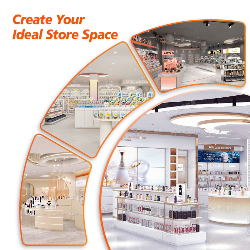 GDR02-BG01 Skincare Display Cabinet with LED Strip Lights and White Glass for Department Stores