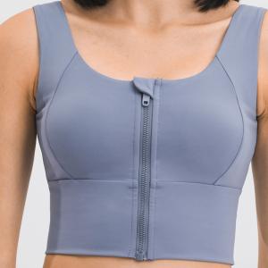 Quality Blue Grey Gathered Women's Sports Bra Front Zip Shockproof Gym Running Fitness Crop Top wholesale