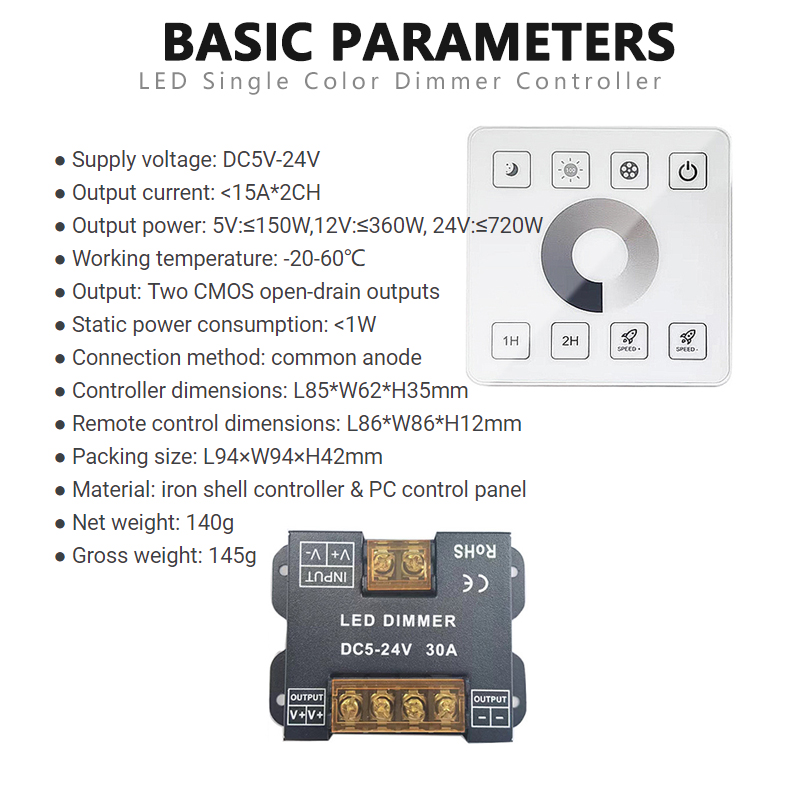 10A LED Controller Dimmer DC 12V 24V Dual Color Temperature Rf Full Touch
