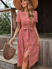 Summer V-Neck Summer Short Sleeves MIDI Dress Women Dress