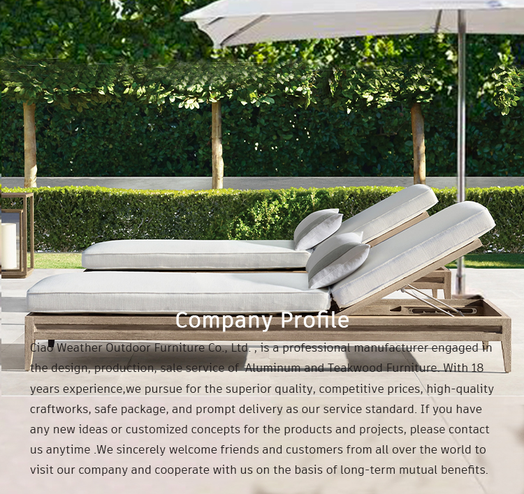 Modern Style Outdoor Sun Bed Furniture with Waterproof Cushions and Nordic Design Teak Wood Chaise Lounge Recliner