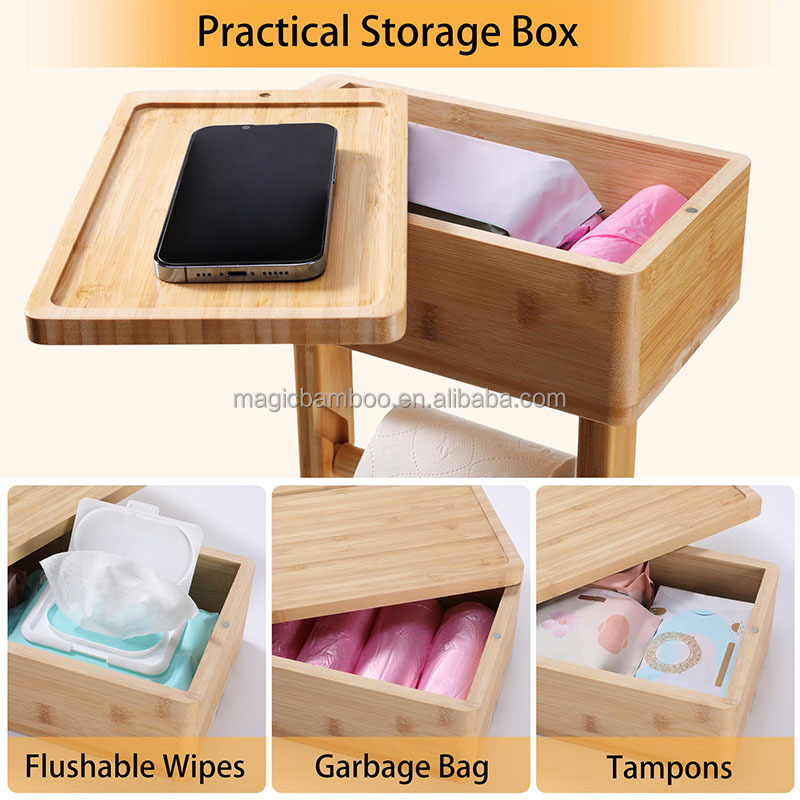 Freestanding Bathroom Storage Rack Bamboo Toilet Roll Holder For Paper