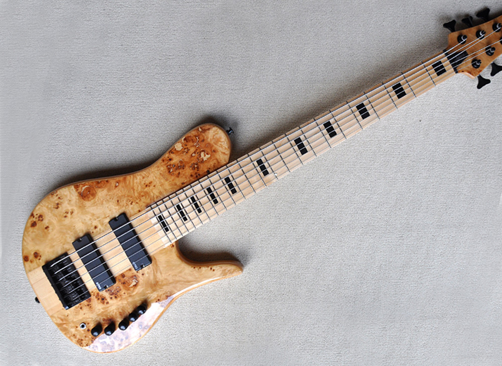 Custom 6 Strings Neck Thru Body Electric Bass Guitar with 24 Frets Active Pickup Maple Fretboard Natural Wood Color