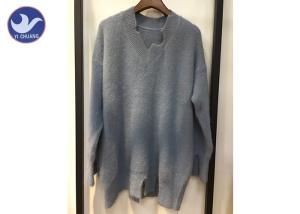 Quality Fashion Ladies Long Jumpers Slit Neck And Bottom / Autumn Womens Knitwear wholesale