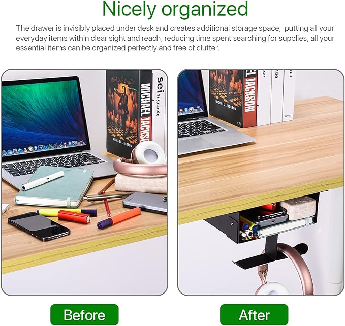 Space Saving Under Desk Storage Shelf with Dual Headset Hanger Hook and Hidden Drawer