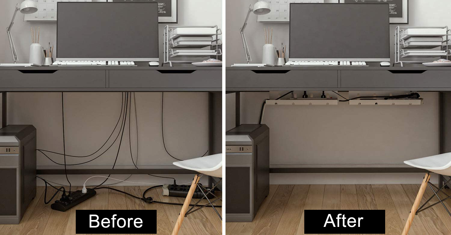Organize Power Strip Wires Under Desk with Flexible Single Tier Cable Management Tray