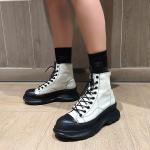 Canvas Leather Chunky Motorcycle Boots Grooved Treads Womens Platform Boots