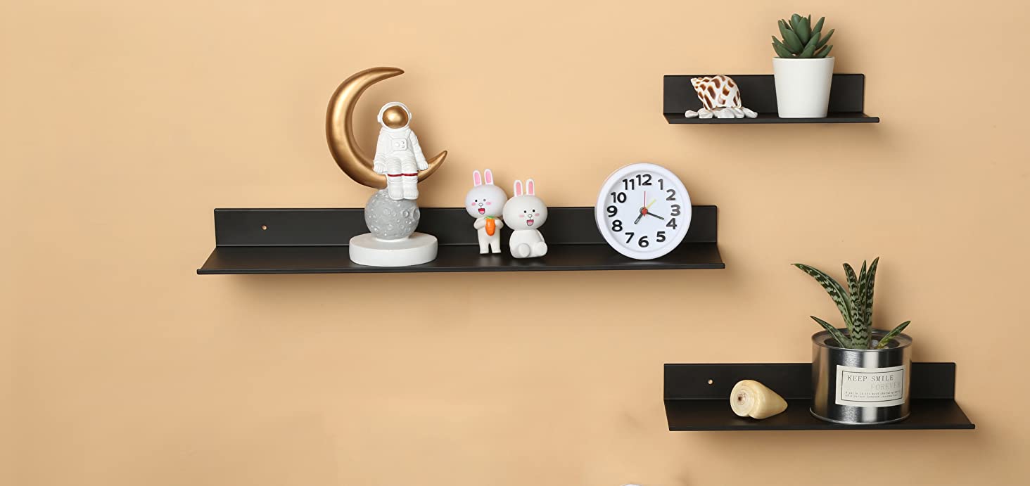 Black Floating Shelves Bathroom Shelves Bracket Wall Mounted, 16" Small Metal Display Shelves Bracket