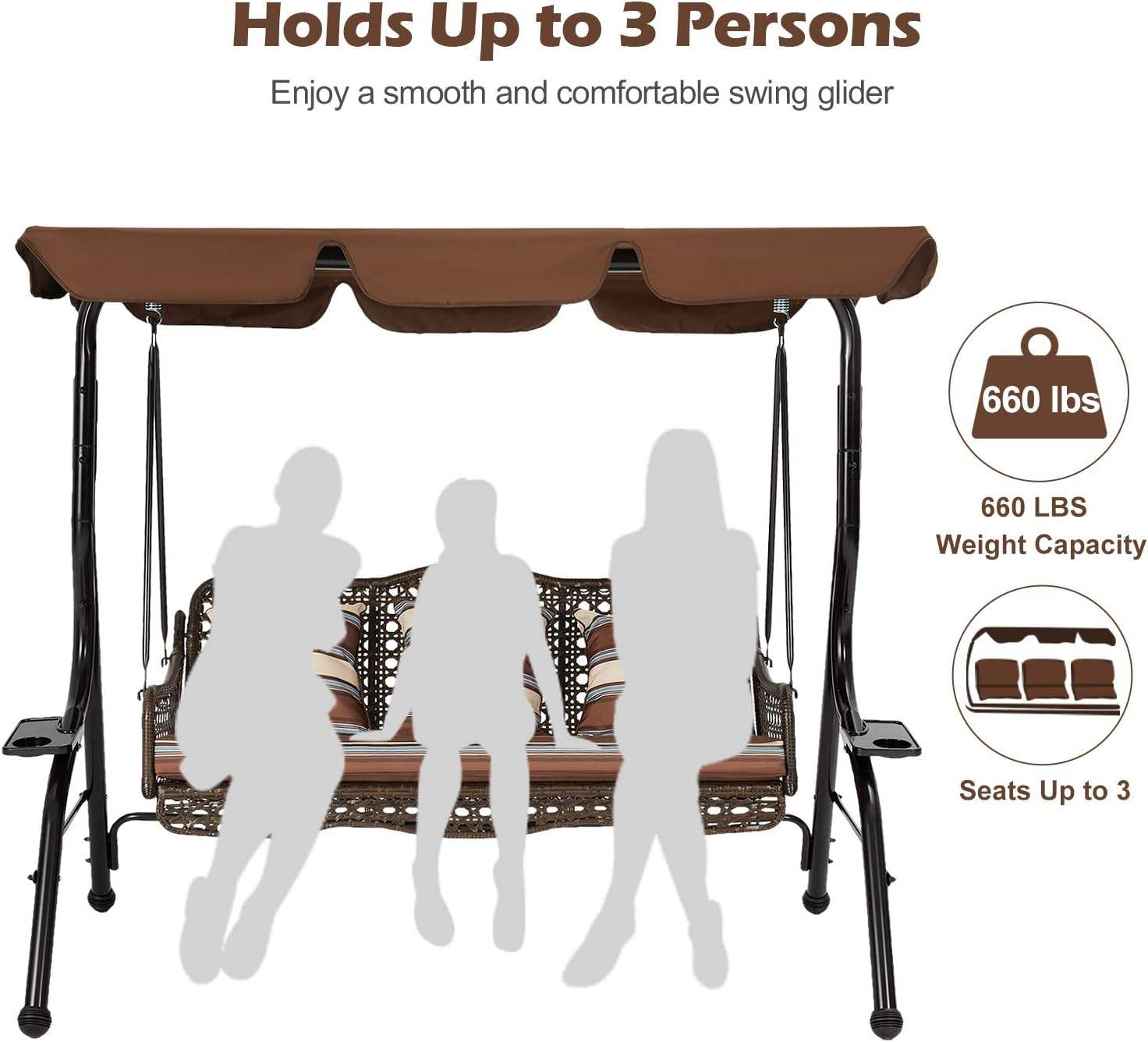 500KG Load 3 Person Canopy Swing UV Resistant Three Person Porch Swing